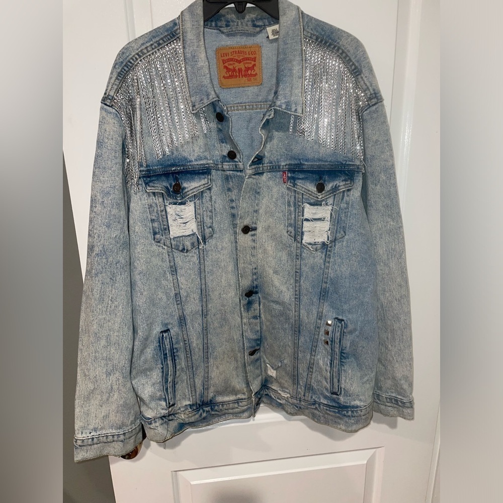 LEVIS Western rhinestone fringe trucker denim jean jacket 🪩 3XL Festival - Picture 3 of 14